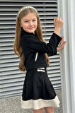 Kız Çocuk Asimetrik Kesim Gömlek Yaka Ceket Eteği Şerit Detaylı Pliseli Süet Siyah Etekli Takım