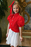 Kız Çocuk Balon Kol Üzeri Boydan Taş İşleme Asimetrik Kesim Kırmızı Gömlek Çiçek Motif Etekli Takım