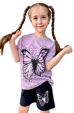 Kız Çocuk Kara Kalem Kelebek Baskılı Penye Lila T-Shirt Şortlu Takım
