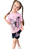 Kız Çocuk Kara Kalem Kelebek Baskılı Penye Pembe T-Shirt Şortlu Takım