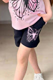 Kız Çocuk Kara Kalem Kelebek Baskılı Penye Pembe T-Shirt Şortlu Takım