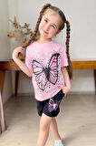 Kız Çocuk Kara Kalem Kelebek Baskılı Penye Pembe T-Shirt Şortlu Takım