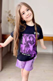 Kız Çocuk Wednesday Baskı Figürlü ve Yazı Baskılı Penye T-Shirt Lila Şortlu Takım