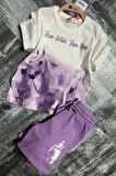 Kız Çocuk Üzeri Digital At ve Yazı Baskılı Lila Şortlu Takım