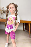Kız Çocuk Papatya Ve The Beauty Yazı Baskılı Penye T-Shirt Mor Şortlu Takım
