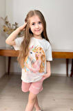 Kız Çocuk Üzeri Digital Bebek ve At Baskılı Penye T-Shirt Pudra Şortlu Takım