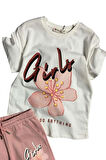 Kız Çocuk Çiçek Ve Girl Yazı Baskılı Penye T-Shirt Pudra Şortlu Takım