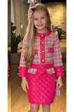 Kız Çocuk Gold Şerit ve Kapitone Detaylı Şanel Kumaş Fuşya Etekli Takım