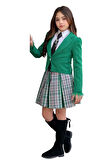 Kız Çocuk Blazer Ceket, Kravat Çizgili Yeşil Etekli Takım
