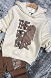 Erkek Çocuk Önü Yazı Ve Dino Baskılı Kapşonlu Sweatshirt 3 İplik Kahverengi Eşofman Takım