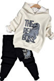 Erkek Çocuk Önü Yazı Ve Dino Baskılı Kapşonlu Sweatshirt 3 İplik Siyah Eşofman Takım