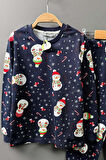 Erkek Çocuk Üzeri Kardan Adam ve Noel Baskılı Lacivert Pijama Takımı