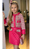 Kız Çocuk Kapitone ve Altın Şerit Detaylı Şanel Fuşya Etekli Takım