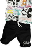 Erkek Çocuk Renkli Yazılar ve Karakter Baskılı Siyah Şortlu Takım