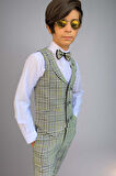 Erkek Çocuk Kare Desen ve Şal Yaka Yelekli Yeşil Takım Elbise