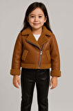 Kız Çocuk Kolları ve Yakası Peluş Detaylı Kahverengi Ceket Dik Yaka Kazak Deri Alt Üst Takım