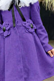 Kız Çocuk Kürk Yakalı Önü Çiçek Ve Elmas Taş Detaylı Mor Kaşe