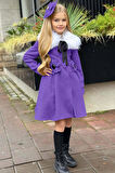 Kız Çocuk Kürk Yakalı Önü Çiçek Ve Elmas Taş Detaylı Mor Kaşe
