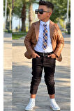 Erkek Çocuk Klasik Gömlek Kravatlı Kapitone Taba Mont Slim Pantolon Kesim Pantolon Alt Üst Takım