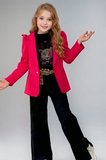 Kız Çocuk Leopar Detaylı Tişört ve Yırtmaçlı Geniş Paça Kot Pantolonlu Fuşya Blazer Ceketli Alt Üst Takım