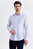 Mavi Kareli Slim Fit Keten Gömlek | S