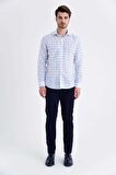 Mavi Kareli Slim Fit Keten Gömlek | S