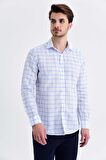 Mavi Kareli Slim Fit Keten Gömlek | S