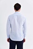 Mavi Kareli Slim Fit Keten Gömlek | S