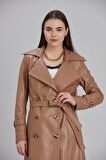 Kadın Hakiki Deri Kemerli Kruvaze Yaka Trençkot