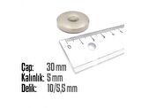 Neodyum Mıknatıs Yuvarlak Havşalı Çap 30mm (delik 10/5.5mm) Kalıklık 5mm 1 Adet