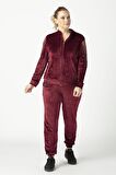 1950 Kolları Taşlı Tam Kalıp Tarz Kadife Büyük Beden Eşofman Takım Bordo