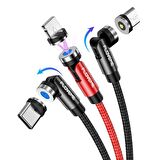 Floveme 540 Dönebilen Mıknatıslı Usb Şarj Kablosu 3 Başlık（iPhone+Type-C+Micro 1M KIRMIZI
