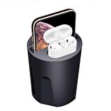 ALLY X9A Cup Araç İçin İPhone 11-12 Kablosuz Şarj Cihazı Airpods Şarj 2 Usb SİYAH