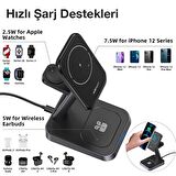 ALLY W68 15W 3in1 Manyetik ve Katlanabilir Portatif Masaüstü Kablosuz Şarj Standı SİYAH