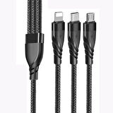 3in1 Type-C + USB To Lightning + Type-c + Micro Usb Şarj ve Data Kablosu (Siyah)