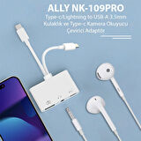 ALLY NK-109PRO Type-c/Lightning to USB-A 3.5mm Kulaklik ve Type-c Kamera Okuyucu Çevirici Adaptör