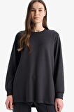 Regular Fit Bisiklet Yaka Basic Düz Siyah Sweatshirt Tunik