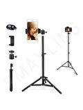 Bluetooth Kumandalı 210 Cm Tripod Telefon Tutuculu Selfie Çubuğu Telefon, Kamera Ve Lamp Tripodu