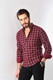Marisso Erkek Kare Desenli Uzun Kol %100 Pamuk Gömlek 1502 Bordo