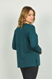 Detay Triko Kadın Bisiklet Yaka Taş İşlemeli Uzun Kol Bluz 4565 Zümrüt