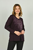 Detay Triko Kadın Desenli Uzun Kol Bluz 4541 Mor