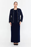 Güzelyalı Kadın Büyük Beden Taş İşlemeli Uzun Abiye Takım 1047 Lacivert