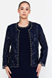 Güzelyalı Kadın Büyük Beden Taş İşlemeli Uzun Abiye Takım 1047 Lacivert
