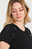 Ella Camelia Kadın Düşük Kol Taş Süslemeli V Yaka Bluz 24E105 Siyah