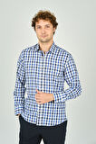 De Leone Erkek Slim Fit Kareli Uzun Kollu %100 Pamuk Gömlek 2240 Mavi