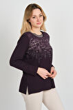 Detay Triko Kadın Taş Detaylı Desenli Yanları Yırtmaçlı Uzun Kol Anne Bluz 5741 Mürdüm