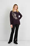 Detay Triko Kadın Taş İşlemeli ve Desenli Bisiklet Yaka Uzun Kol Anne Bluz 5721 Mürdüm
