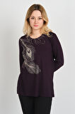 Detay Triko Kadın Taş İşlemeli ve Desenli Bisiklet Yaka Uzun Kol Anne Bluz 5721 Mürdüm