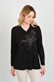 Detay Triko Kadın Önü Taş Süslemeli Yakası Boncuk Detaylı Uzun Kol Anne Bluz 5747 Siyah
