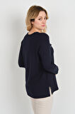 Detay Triko Kadın Süs Cepli Toka Detaylı Uzun Kol Anne Bluz 5717 Lacivert
